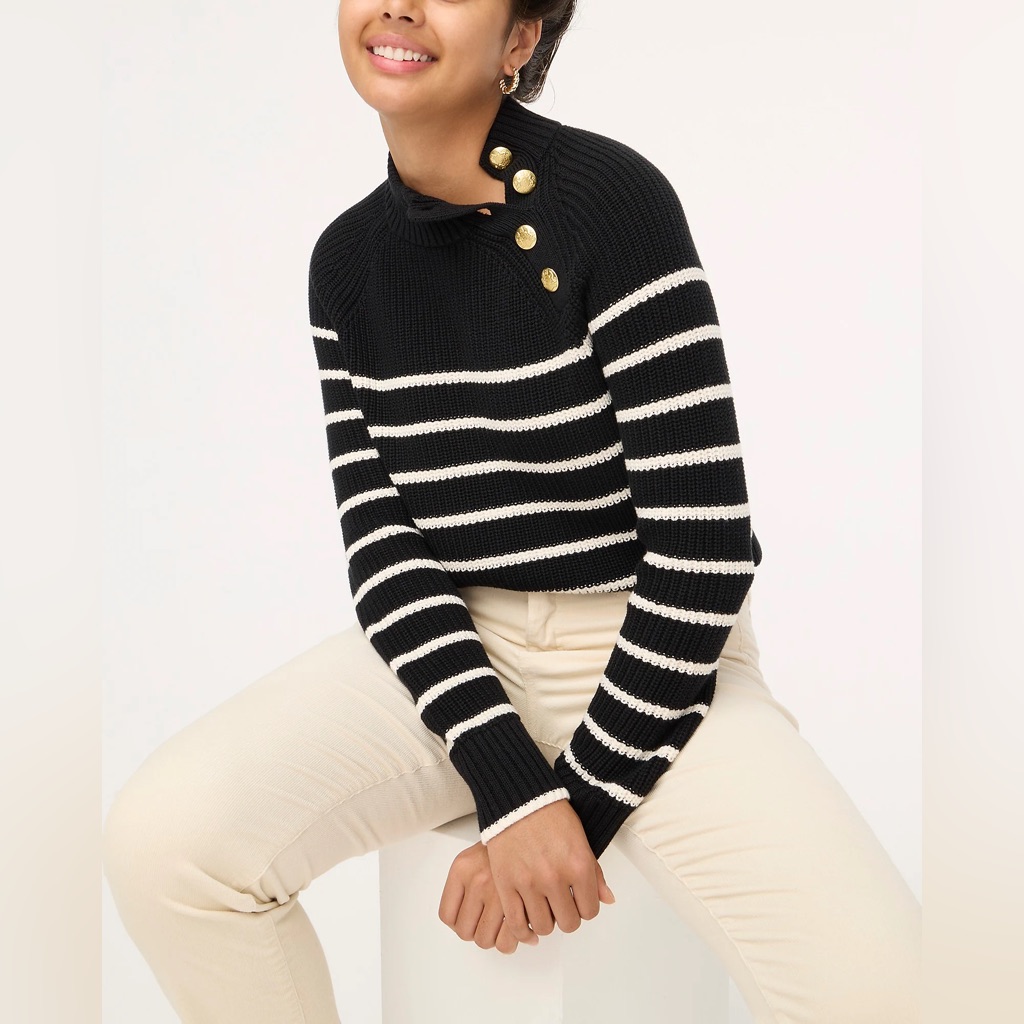 Nwt J.Crew Button-Shoulder Stripred Mockneck Sweater
